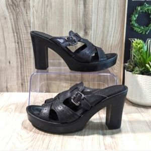 Y2K White Mountain Heel Sandals Women's Size 8 Black Leather Chunky Buckle
